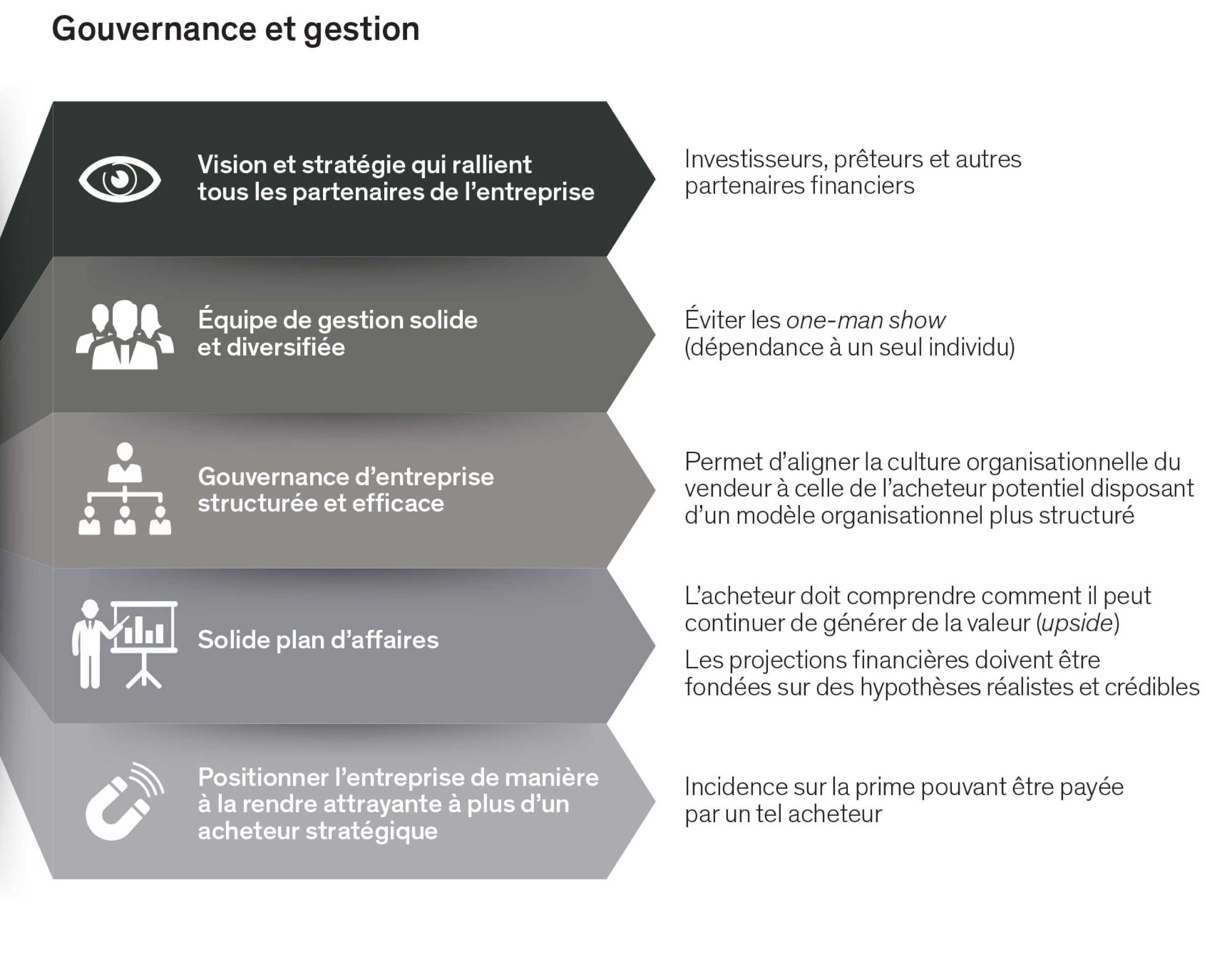 Gouvernement et gestion - vision, équipe, gouvernement d'entreprise, solide plan d'affaires, positionner l'entreprise