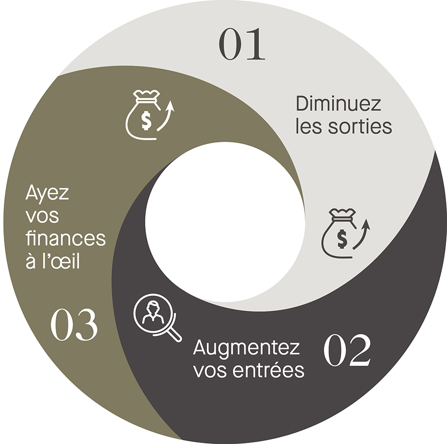 Diminuer les sorties; augmentez vos entrées; ayez vos finances à l'oeil