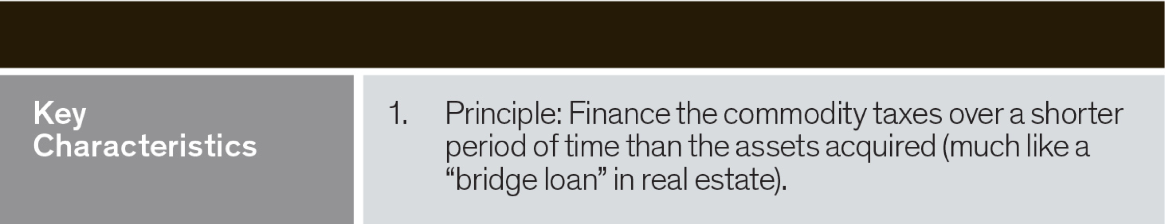 key characteristic - finance the commodity taxes over a shorter period of time than the assets acquired 