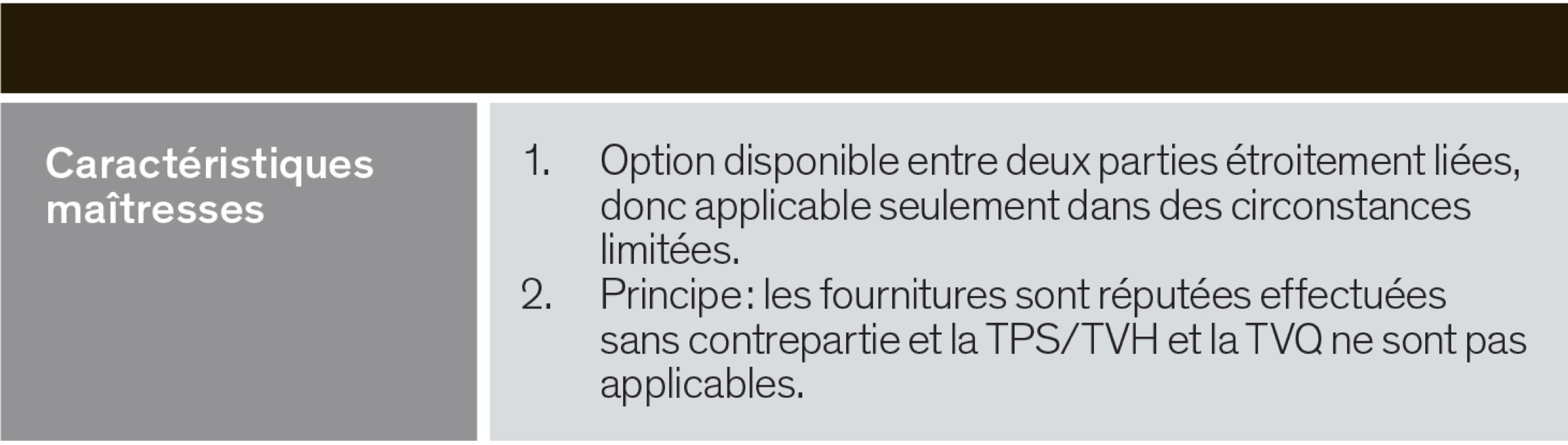 Caractéristiques maîtreses - Option disponible entre deux parties liées; ;es fournitures sont réputées effectuées sans contrepartie