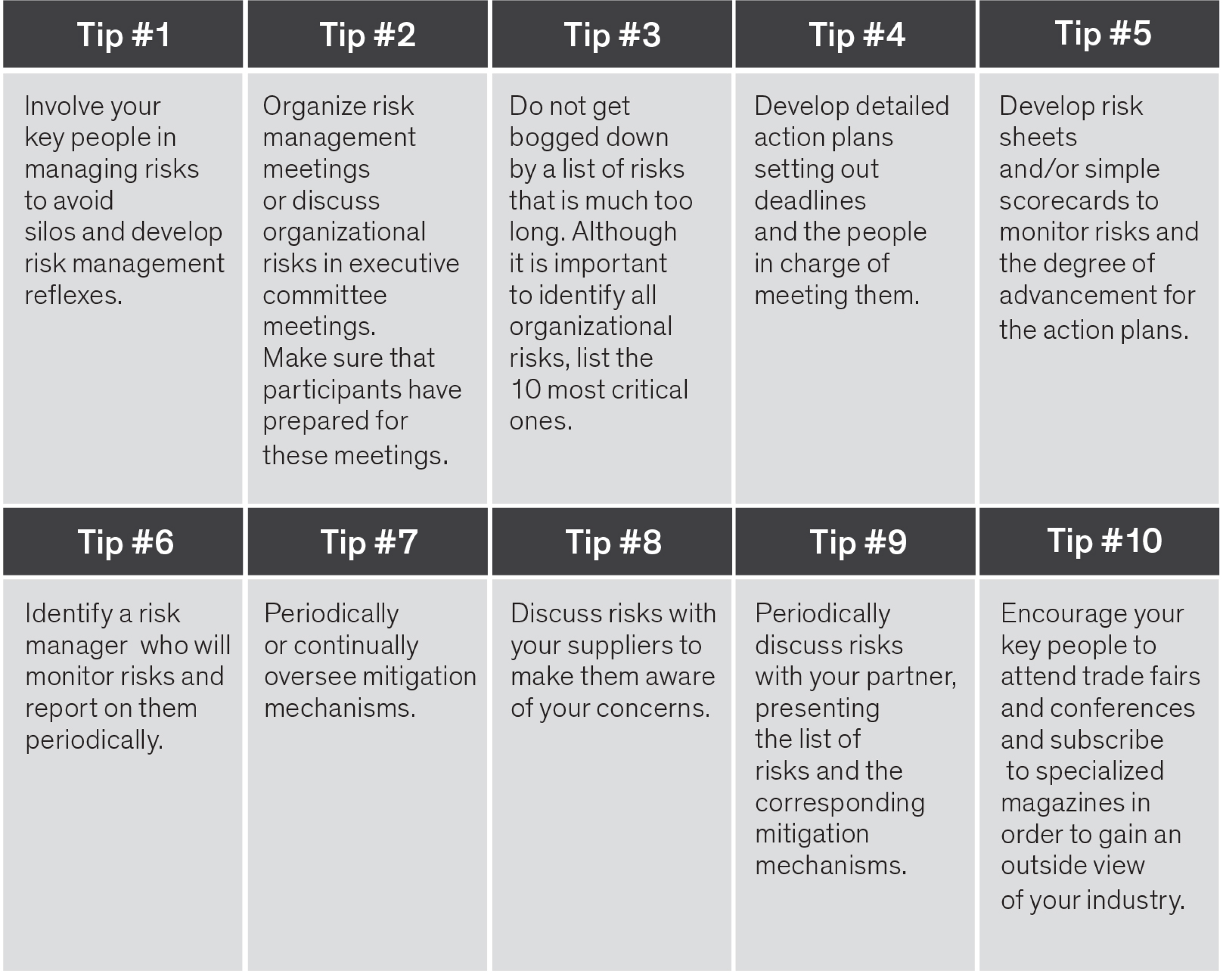 10 tips on involving the key people, risk management, 10 most critical risks identification, action plans, risk sheets, risk manager, mitigation mechanisms, discussing risks with suppliers, discussing risks with partners, attending trade fairs and conferences 