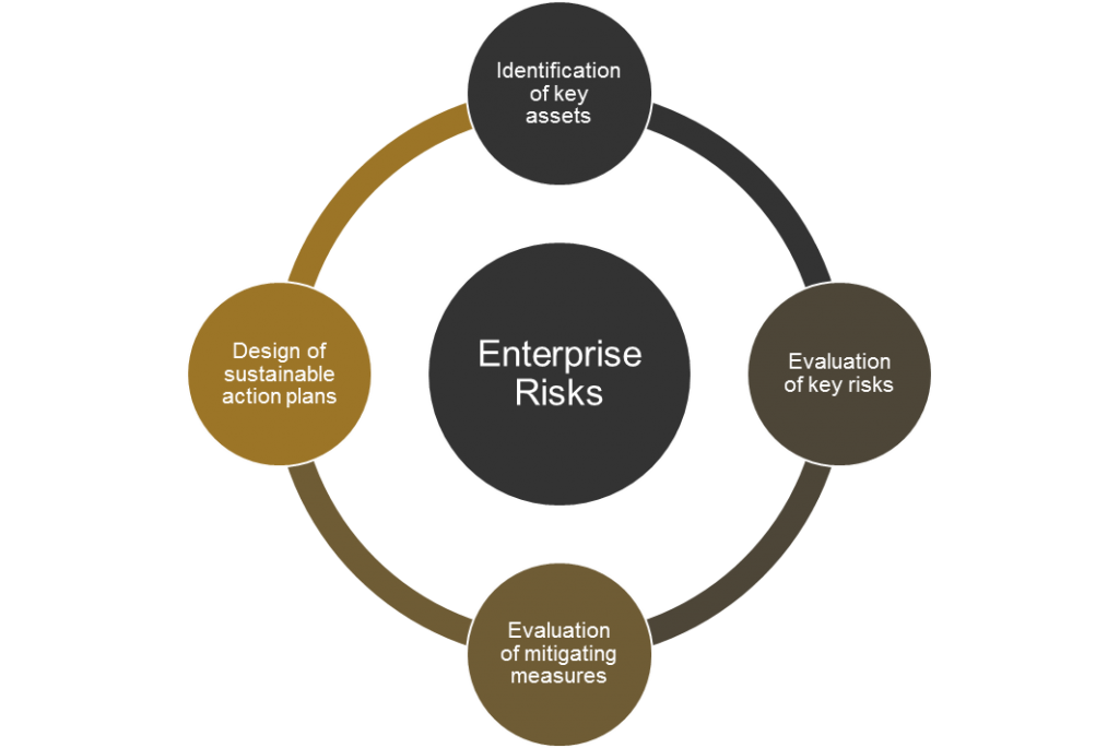 Enterprise risks - identification of key assets, evaluation of key risks, evaluation of mitigating measures, design of sustainable action plans 