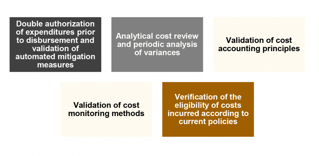 double authorization of expenditures, analytical cost review, validation of cost accounting principles, validation of cost monitoring methods, verification of the eligibility of costs incurred according to current policies 